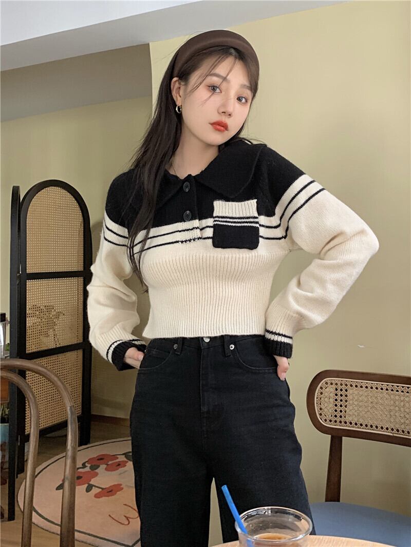 カラーニットセーター プルオーバー コート クロップトップ トップス モンロー79937898817