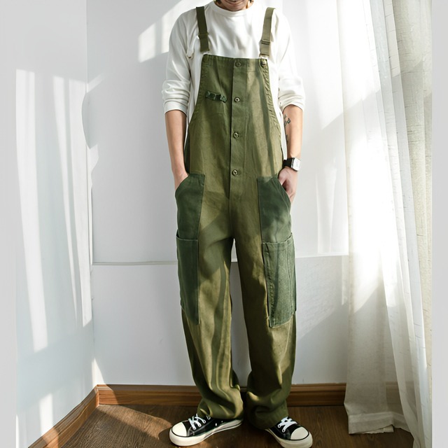 Patchwork Button Army Green Overalls [623]