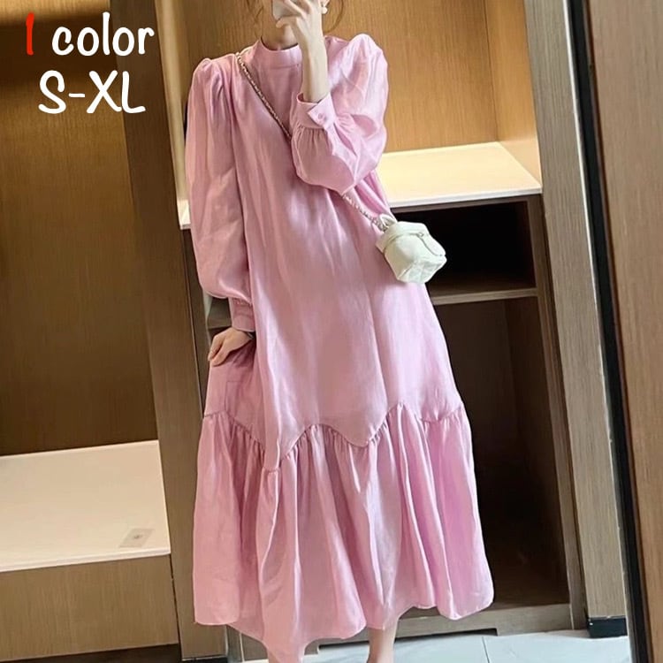 ワンピース ロング丈ワンピース Aラインスカート Aライン ロング丈 レディース 長袖 パフスリーブ 無地 シンプル プルオーバー ハイウエスト ルーズ 清楚 上品 フェミニン 大人女子 大人かっこいい お洒落 エレガント 春 秋 ピンク S M L XL 10代 20代 普段使い 日常使い お出かけ 女子会 休日 大人 コーデ コーディネート 韓国 ファッション オルチャン お取り寄せ 送料無料 hll-0770