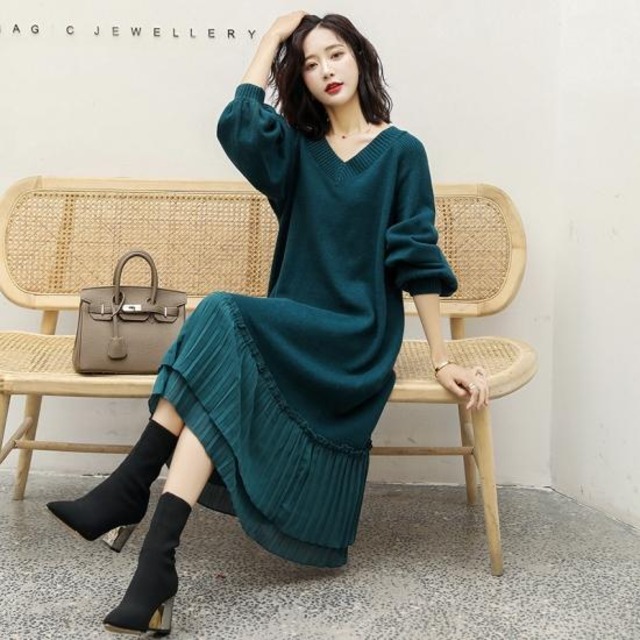 ニットワンピ ニットワンピース 40代 冬 ロング タイト コーデ 50代 Vネック 30代 長袖 Vネック Vネック おしゃれ きれいめ 無地 カジュアル ゆったり 体型カバー ニットワンピ Dress No Sato