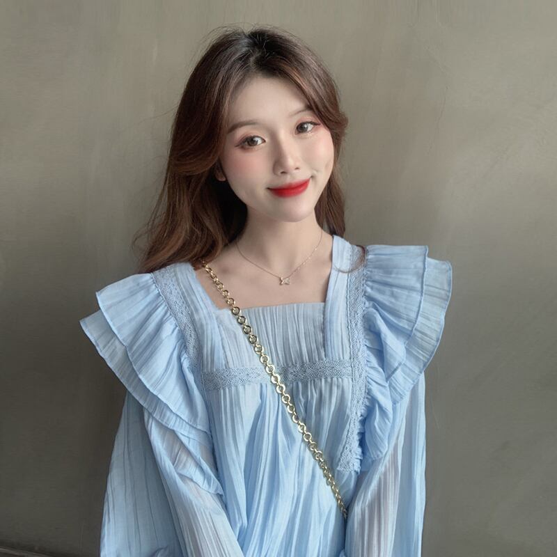 ブルーブラウス ルーズシフォンシャツ 長袖スリーブカラーレディース ロング スクウェア 試着室58828264916