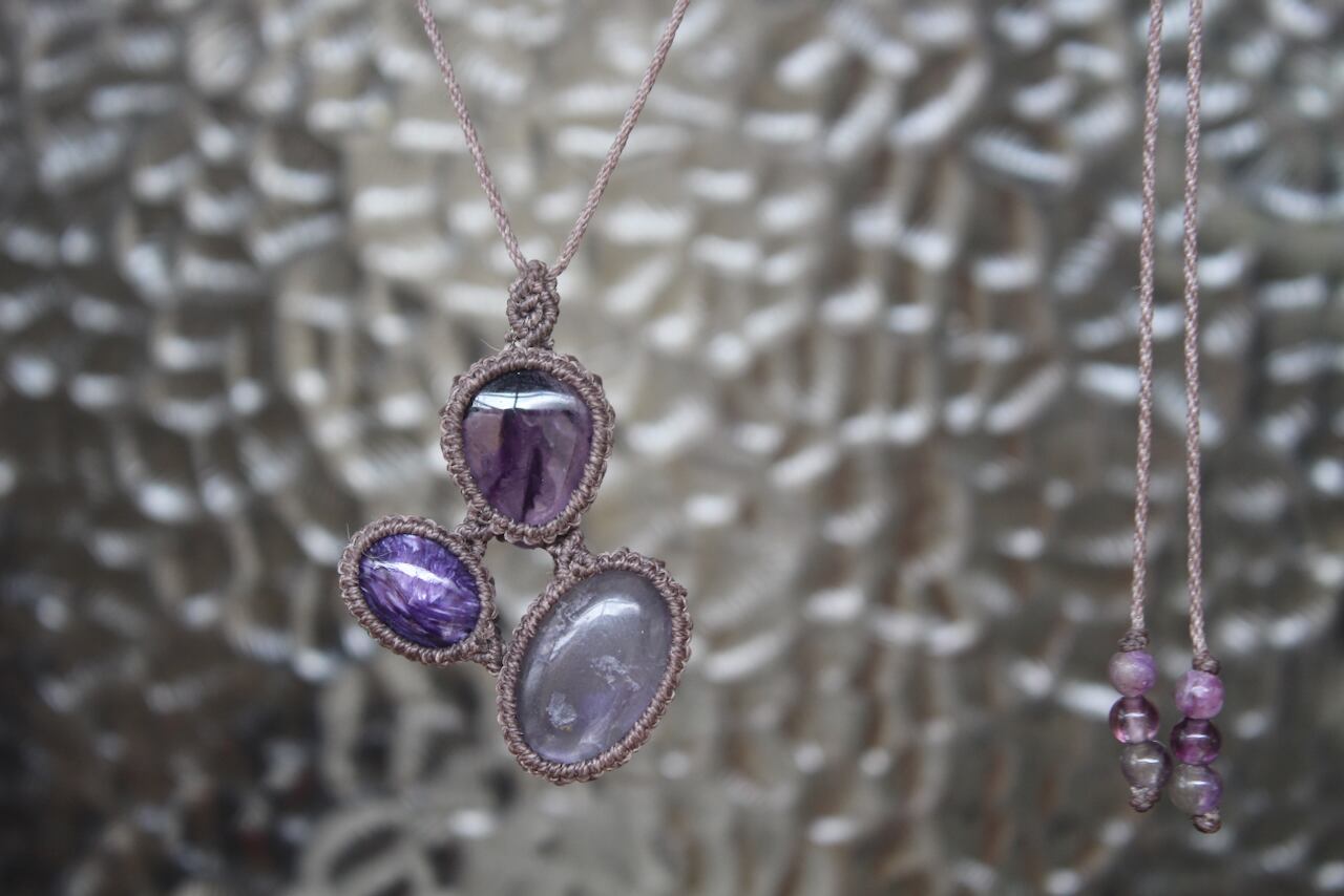 Fluorite & Charoite & Amethyst micro macrame pendant