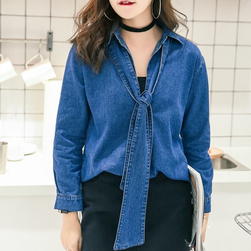 長袖 スキッパー デニム 無地 シャツ