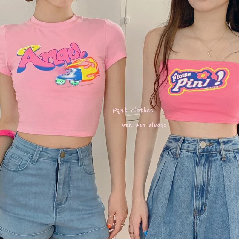 Tシャツ サマーショートトップス ピンク 夏物 ヨーロピアン ブラックストロベリース61363406607