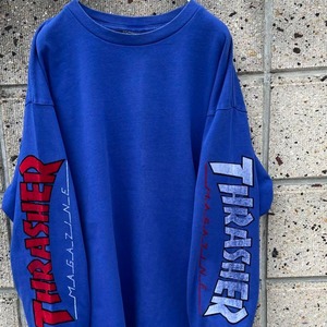 【Lサイズ】THRASHER フロッキープリント 非対称カラー 古着 ロングスリーブTシャツ