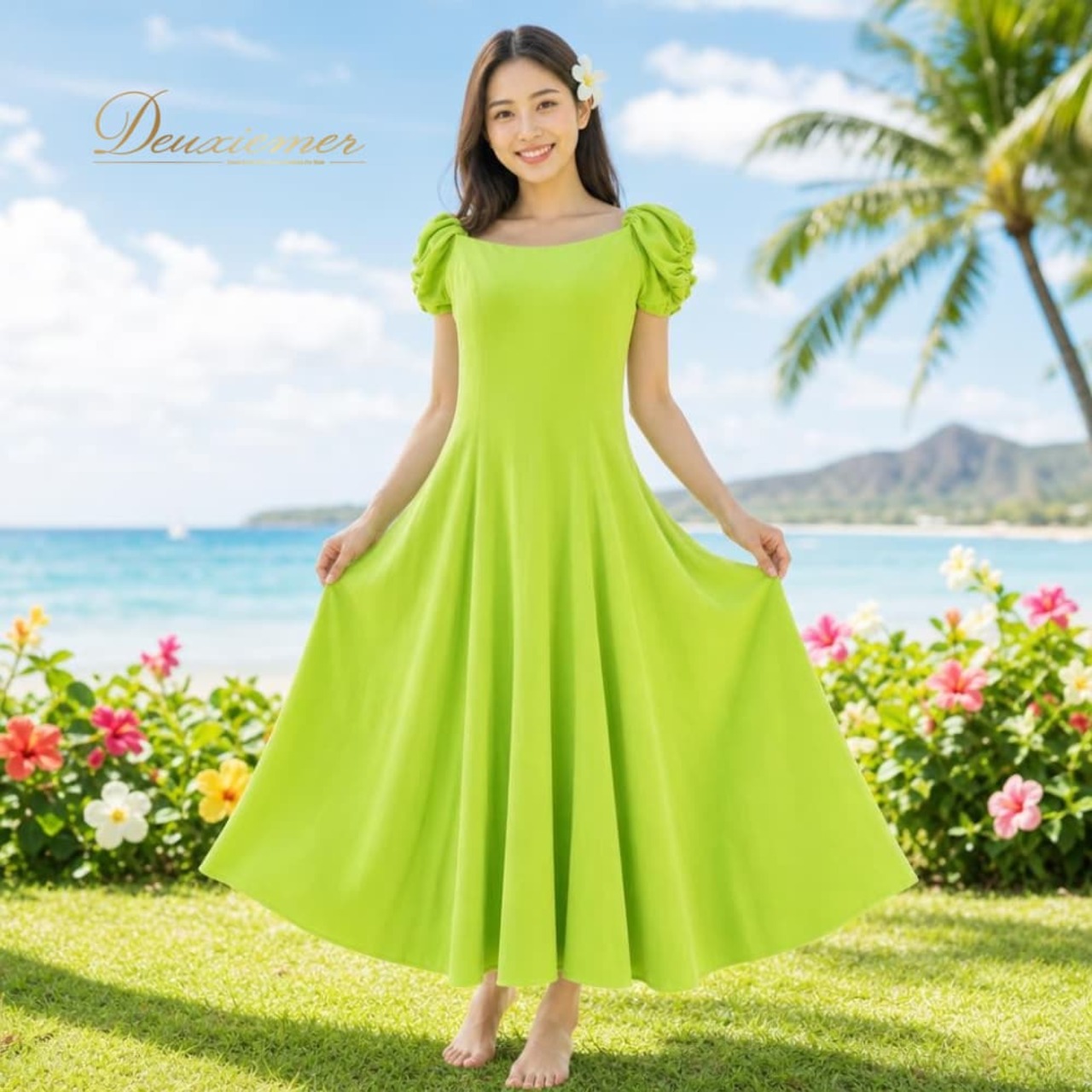 フラダンス 衣装 CC Fashions CCファッション ワンピース ドレス グリーン系 黄緑 ベロア生地 ハワイアン アロハ フラ ダンス レッスン 練習 ハワイアンダンス 高級感 光沢感 フレアスカート 無地 シンプル 華やか 鮮やか かわいい おしゃれ 上品 大人っぽい ダンス衣装 練習着 レッスンウェア 社交ダンス衣装