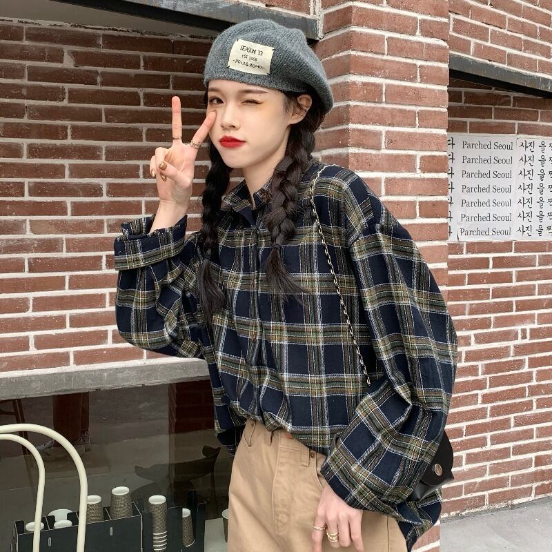 シャツ スプリングオータムカジュアル格子柄ルーズジャケット ロング 春物 秋物 1号婦人17096823063