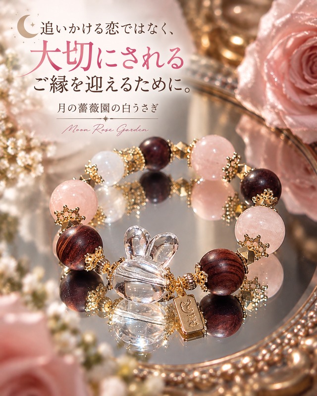 月の薔薇園の白うさぎ｜良縁を願うマダガスカルローズクォーツブレスレット❤︎B486
