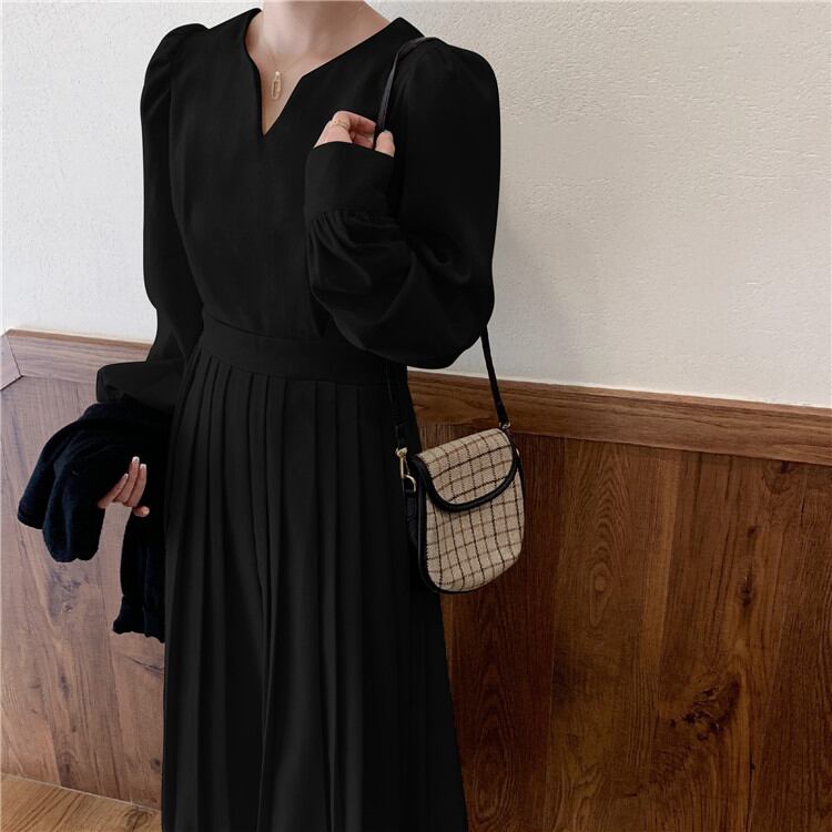 通勤する 春 新品 フレンチスタイル エレガント Vネック パフスリーブ ハイウエスト プリーツドレス