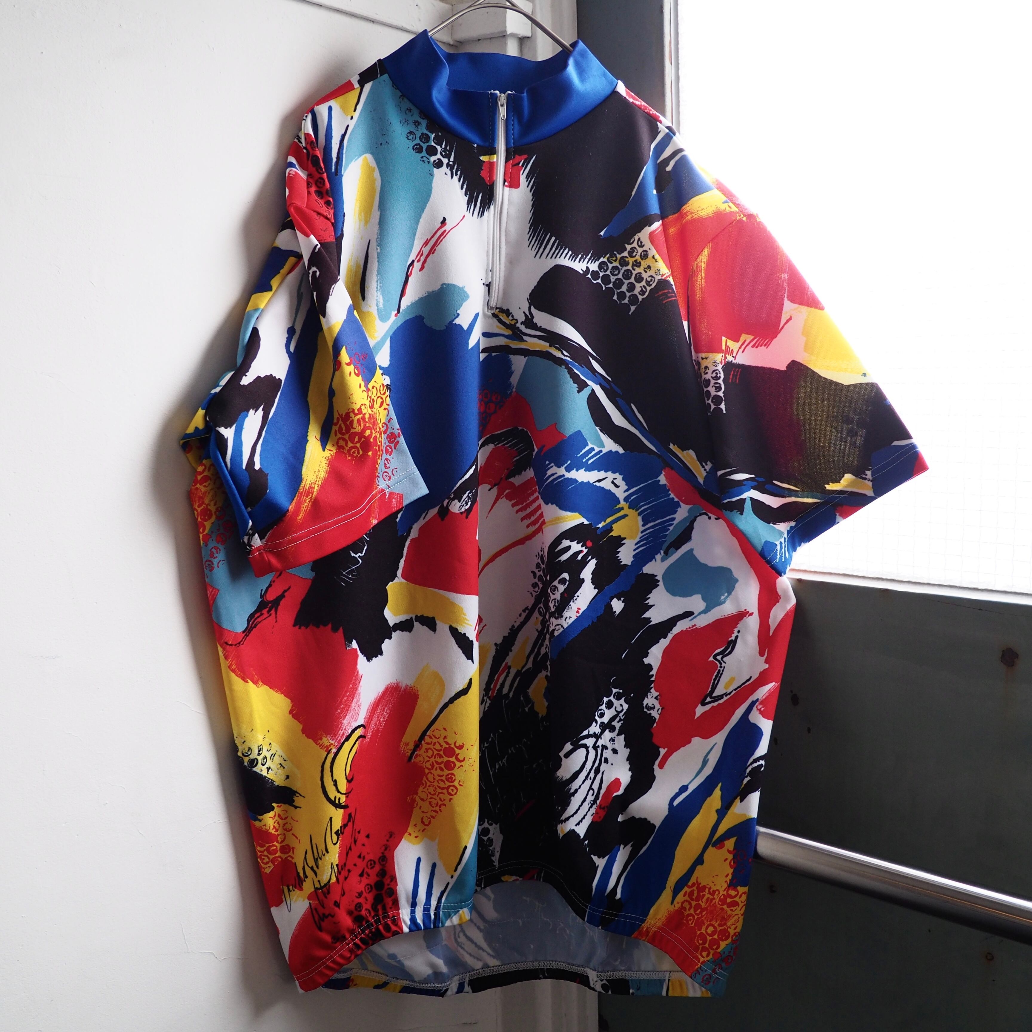1990s Psychedelic chaos art painted vintage half zip Tee