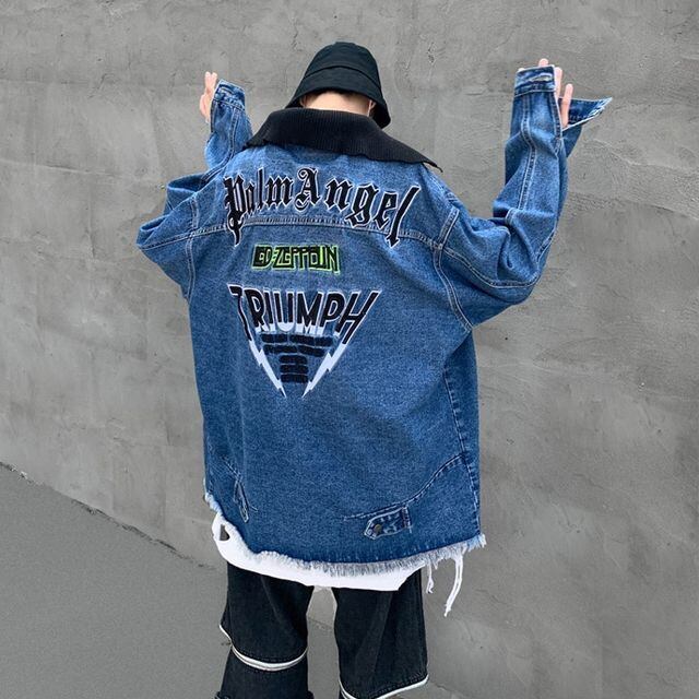 【予約販売】デニムジャケット Gジャン メンズ バックデザイン ダメージ加工 アウター ストリート オーバーサイズ ジージャン ブルー こなれ感 お洒落 韓国 トレンド 春 秋 冬 M/L/XL/2XL/3XL