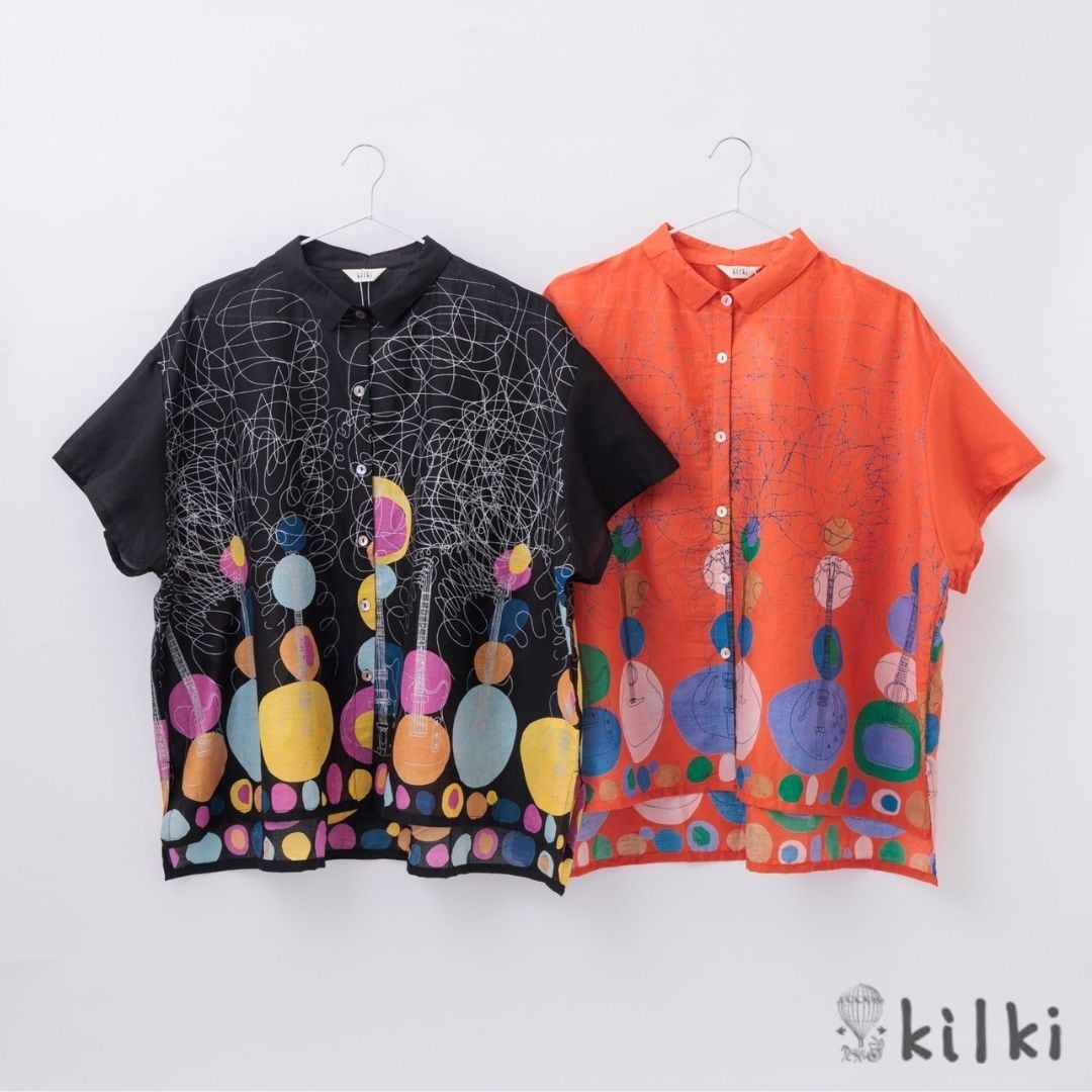 KILKI キルキー 綿100 ブラウス レディース 襟付き おしゃれ 半袖 夏 ギター 体型カバー 綿 コットン 100% 通気性 カラフル ドット柄 柄物 手描き シック レトロ かわいい ギフト プレゼント ブラック レッド 6M-B32 Kl043