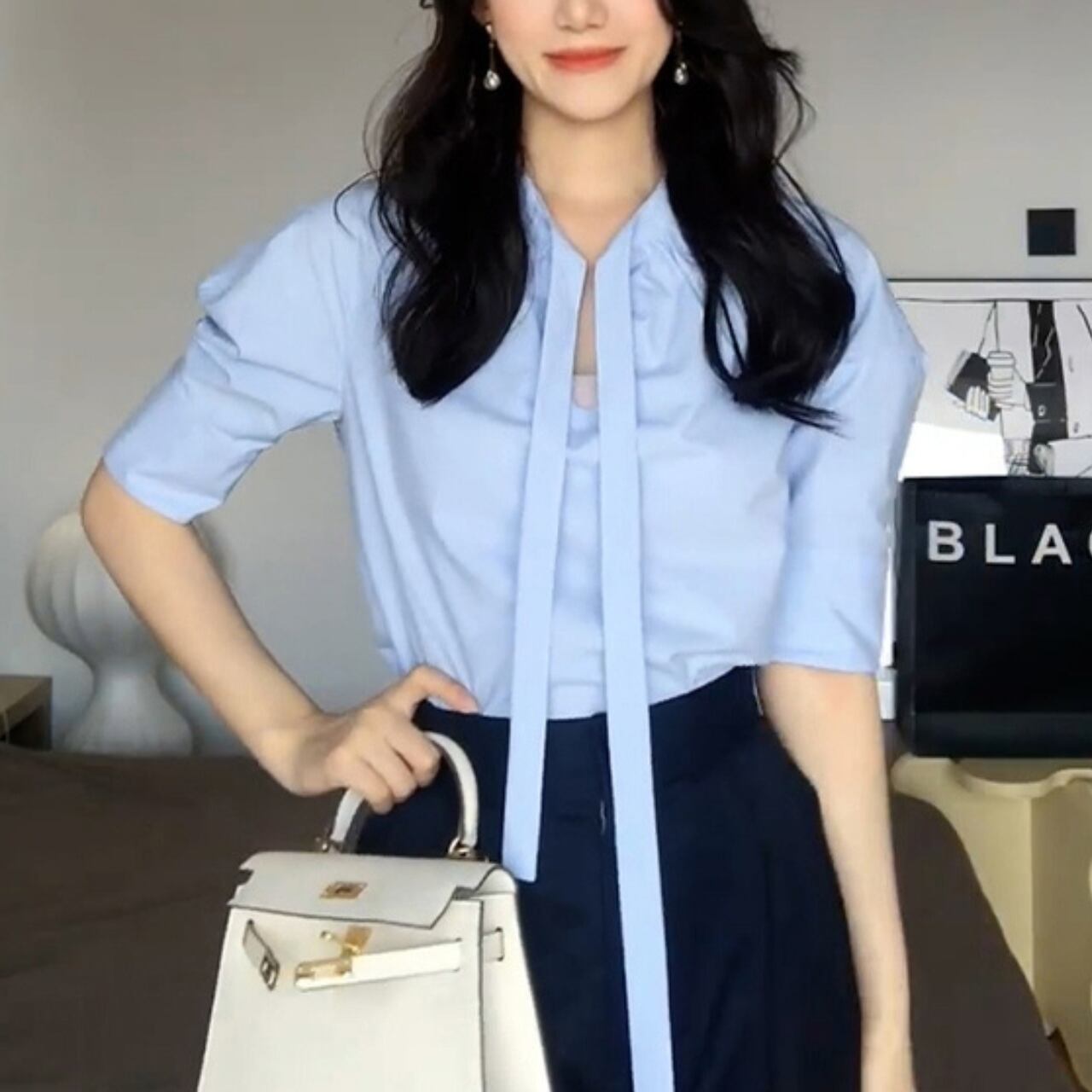 パフスリーブ ブルー シャツ T06