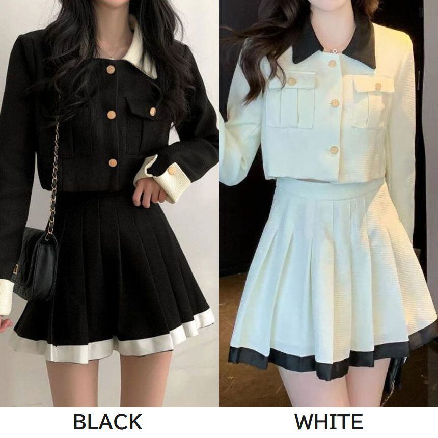 fekete ラウンドカラージャケットM ローウエストプリーツスカートS セット fekete ラウンドカラージャケットM ローウエストプリーツスカートS