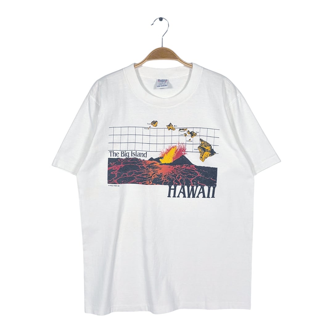 80s ハワイ 火山 USA製 ヴィンテージ Tシャツ ホワイト THE BIG ISLAND HAWAII シングルステッチ サイズL 古着 BZ0582