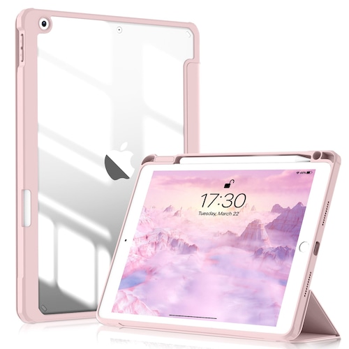 SQBEBS iPad 10.2 ケース iPad 第9世代 ケース 2021/ iPad 第8世代 / 第7世代 2020/2019 クリア透明アクリル製 ペンシルホルダー付き 軽量 薄型 衝撃吸収 自動スリープ/スリープ解除機能付き ピンク