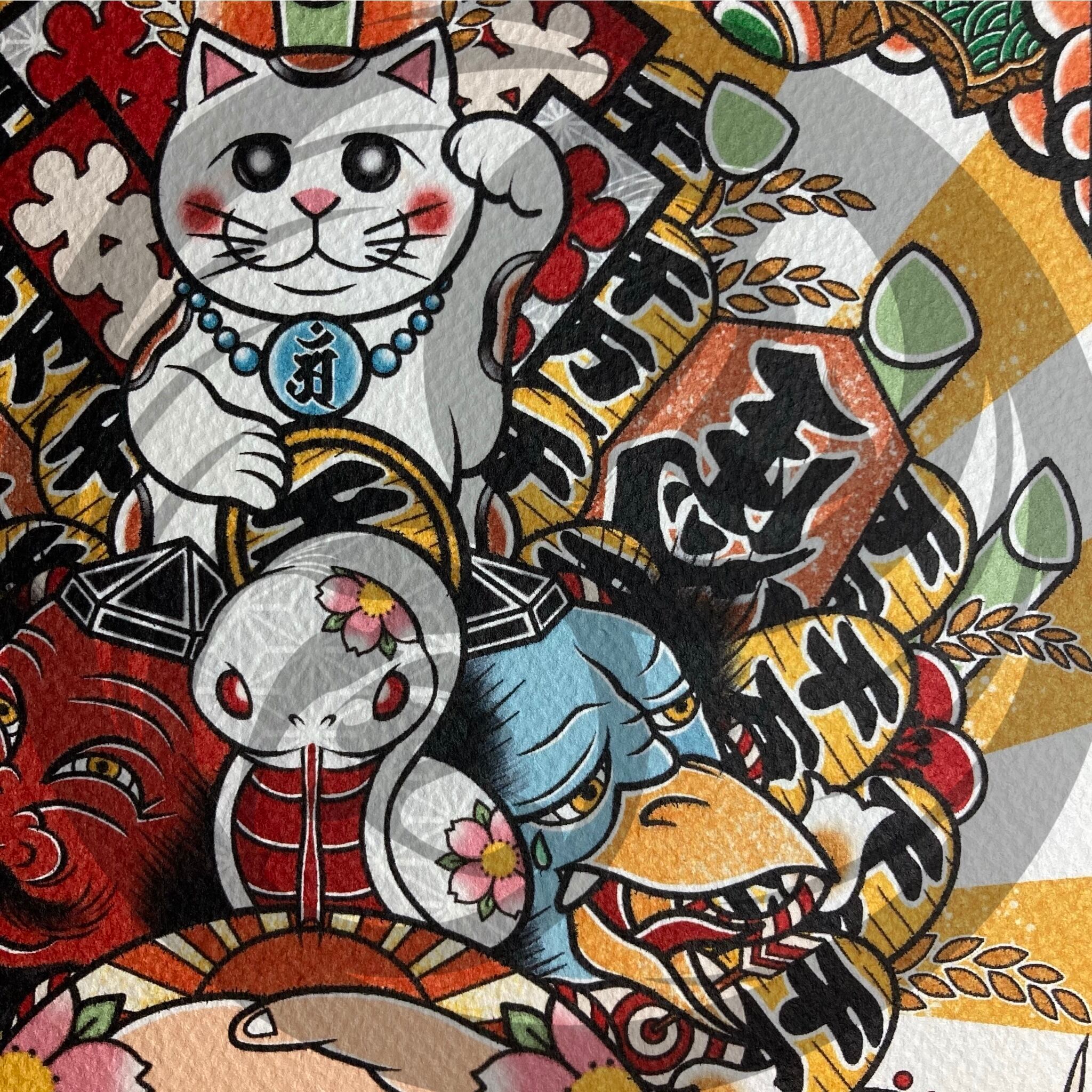 尾九 吉祥画 縁起熊手 白蛇 笑う天狗に泣く鴉天狗 A3サイズ フレーム