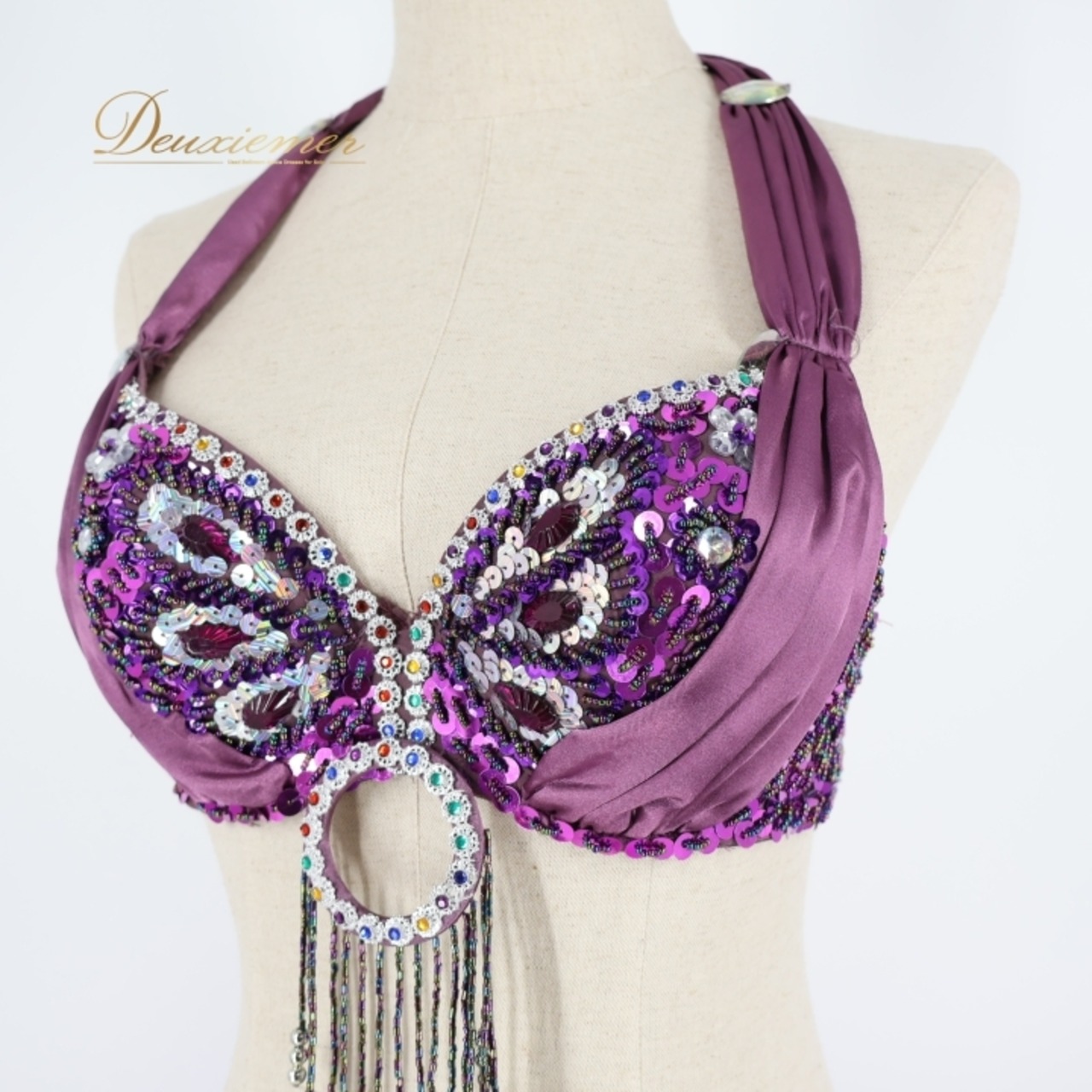 ベリーダンス オリエンタル 衣装 上下セット パープル系 ビーズ ラインストーン トップス スカート ベルト セット 華やか フリル フリンジ 上品 ダンス衣装 キラキラ ストーン 煌びやか ボリューム 舞台 かわいい