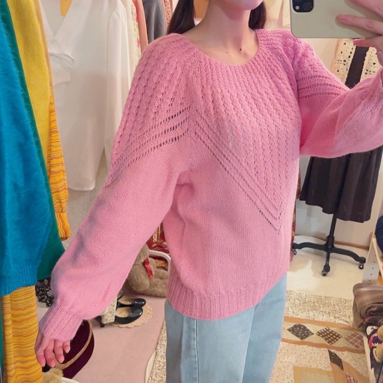 pink openwork knit sweater