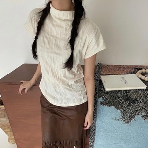 Crinkle High Neck Short Sleeve Top　2color　A0227