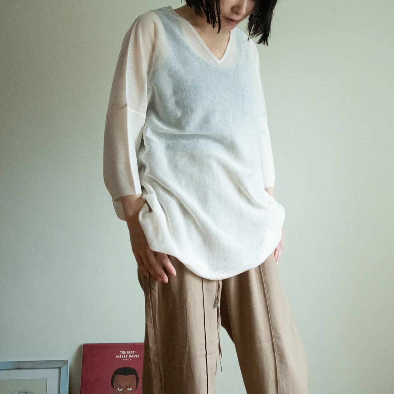 リネンVネックシアーニットチュニック_IVO