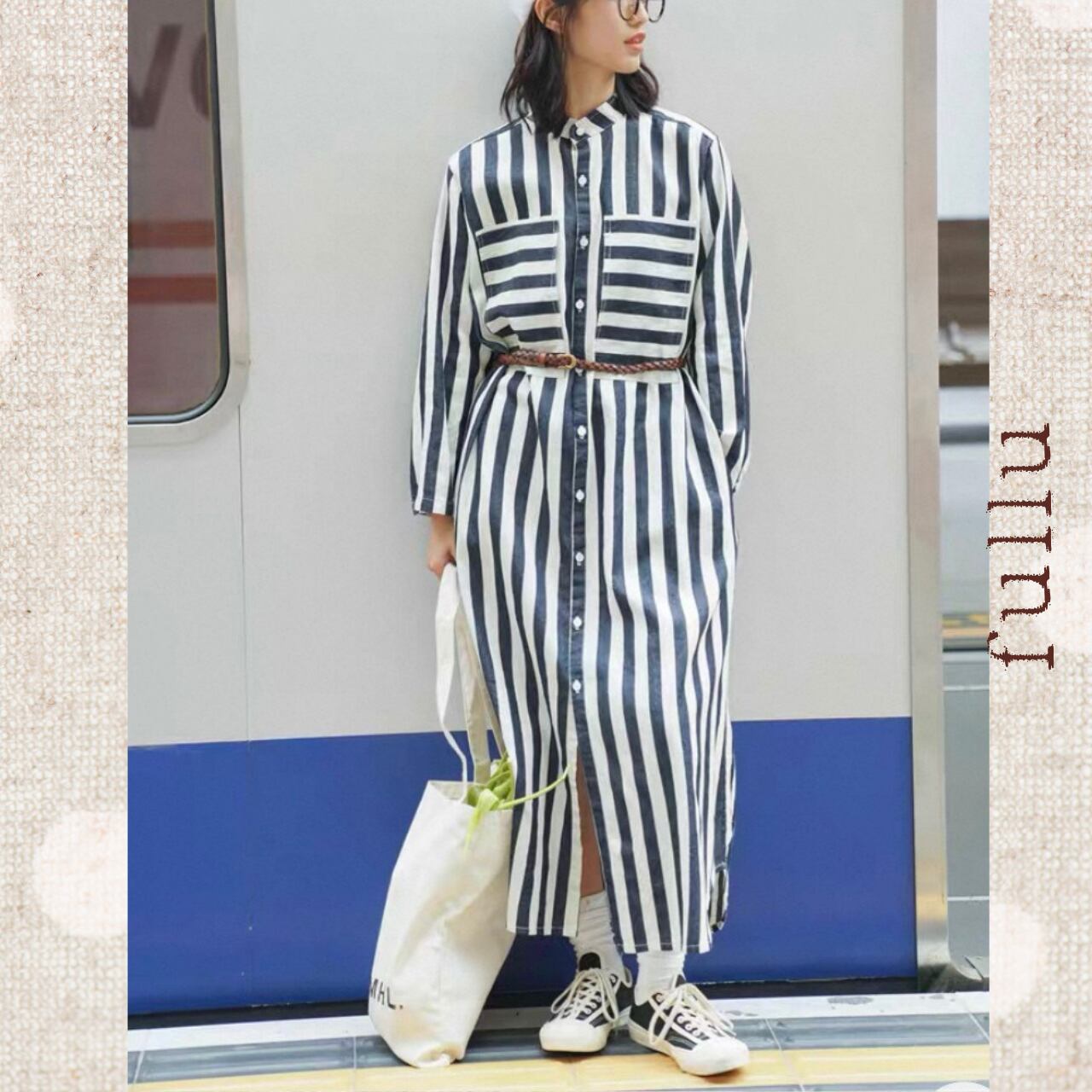 切替ストライプ バンドカラーロングシャツワンピース fu0954