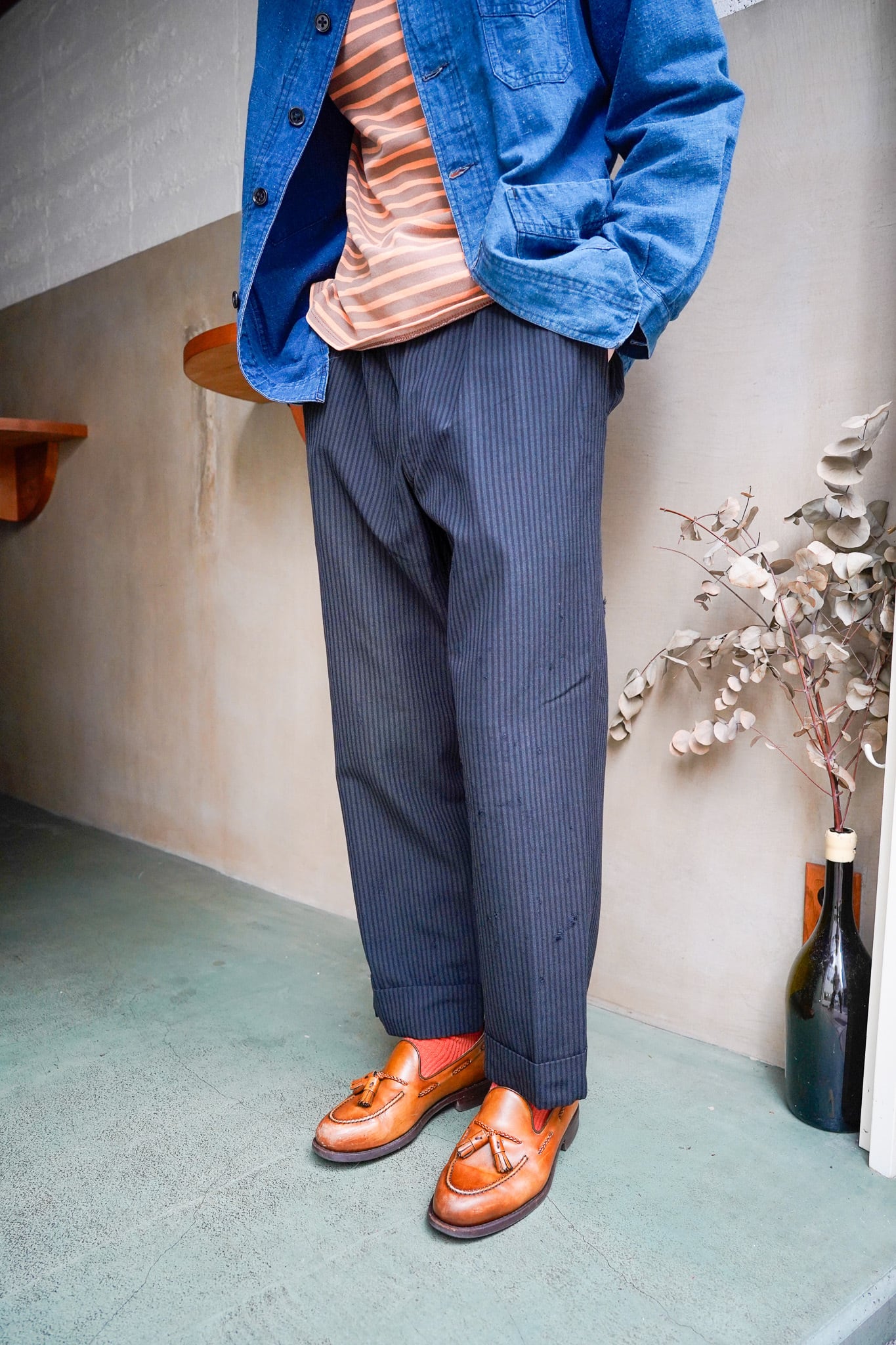【1960s】"Made in France" Striped Wool 2-tuck Trousers / 6-318