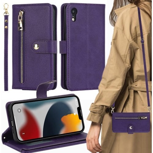 iPhone XR ケース 手帳型 ショルダー クロス SE アイフォンXR ケースカバー 適用 iCoverCase ストラップホール付き スナップ 留め具 ジッパー カード収納 バッグ スタンド ハンドストラップ ロングストラップ マグネット 留め具 肩がけ 首掛け 斜め掛け カードケース ファスナー ストラップ付き カバー ショルダーケース クロスボディケース カード入れ スマホケース 携帯カバー スミレ 深い紫 パープル 1455