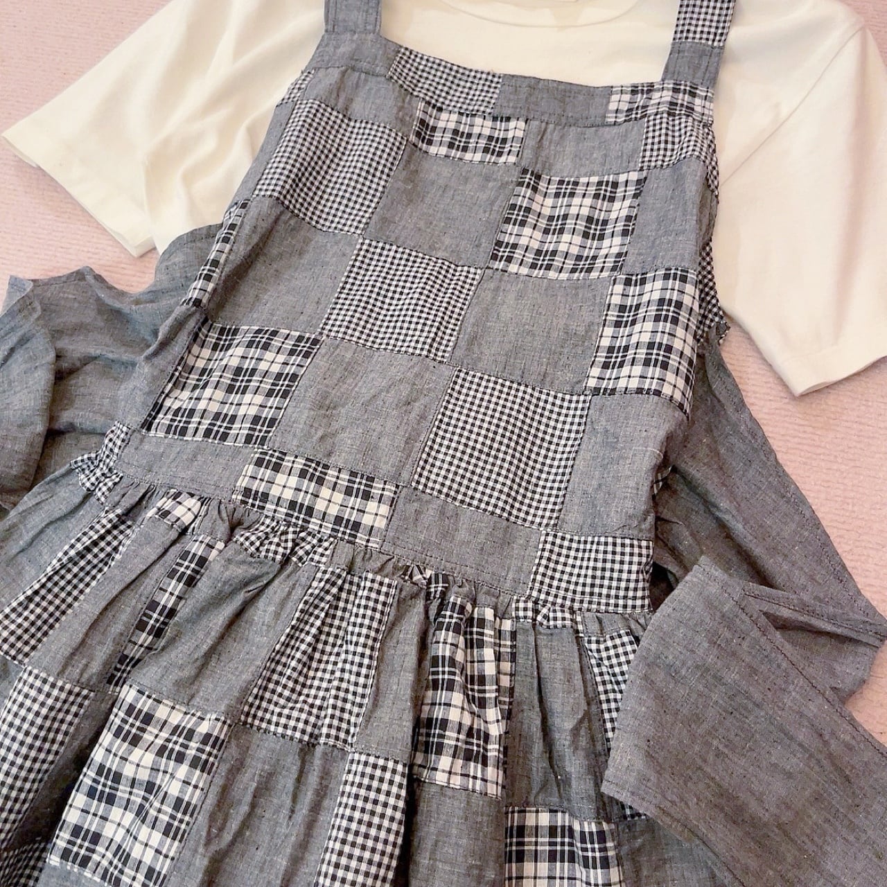 patchwork check apron one-piece