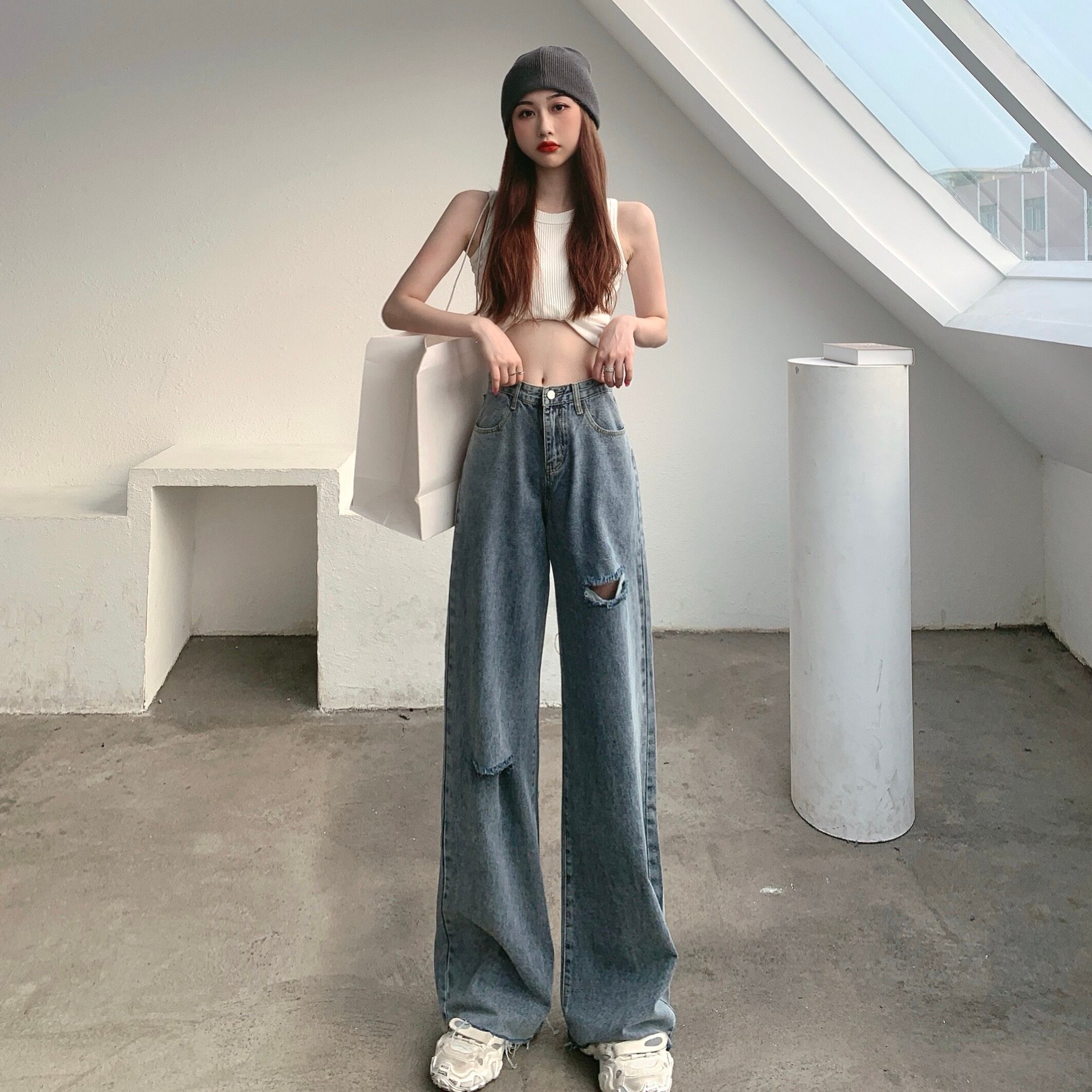 パンツ ハイウェストウェストジーンズ 薄手ルーズワイドレッグ ワイドパンツ ドラファッションホール86788378962