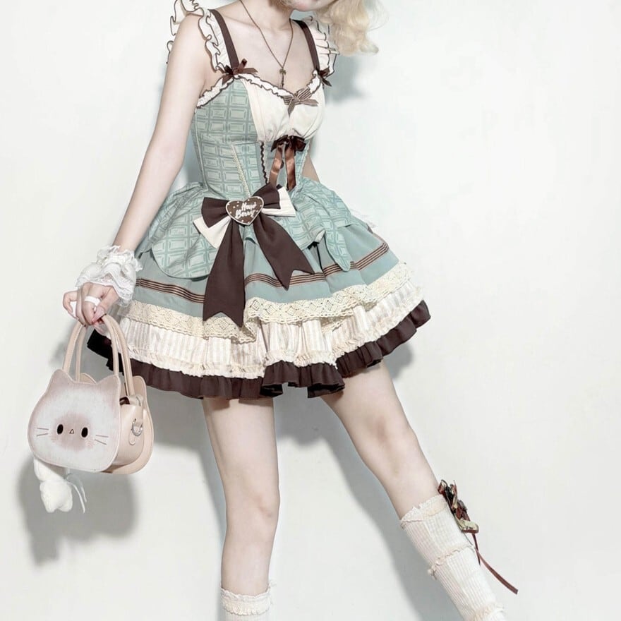 甘ロリ｜ミントチェックリボンJSK（カチューシャ付）生誕祭衣装
