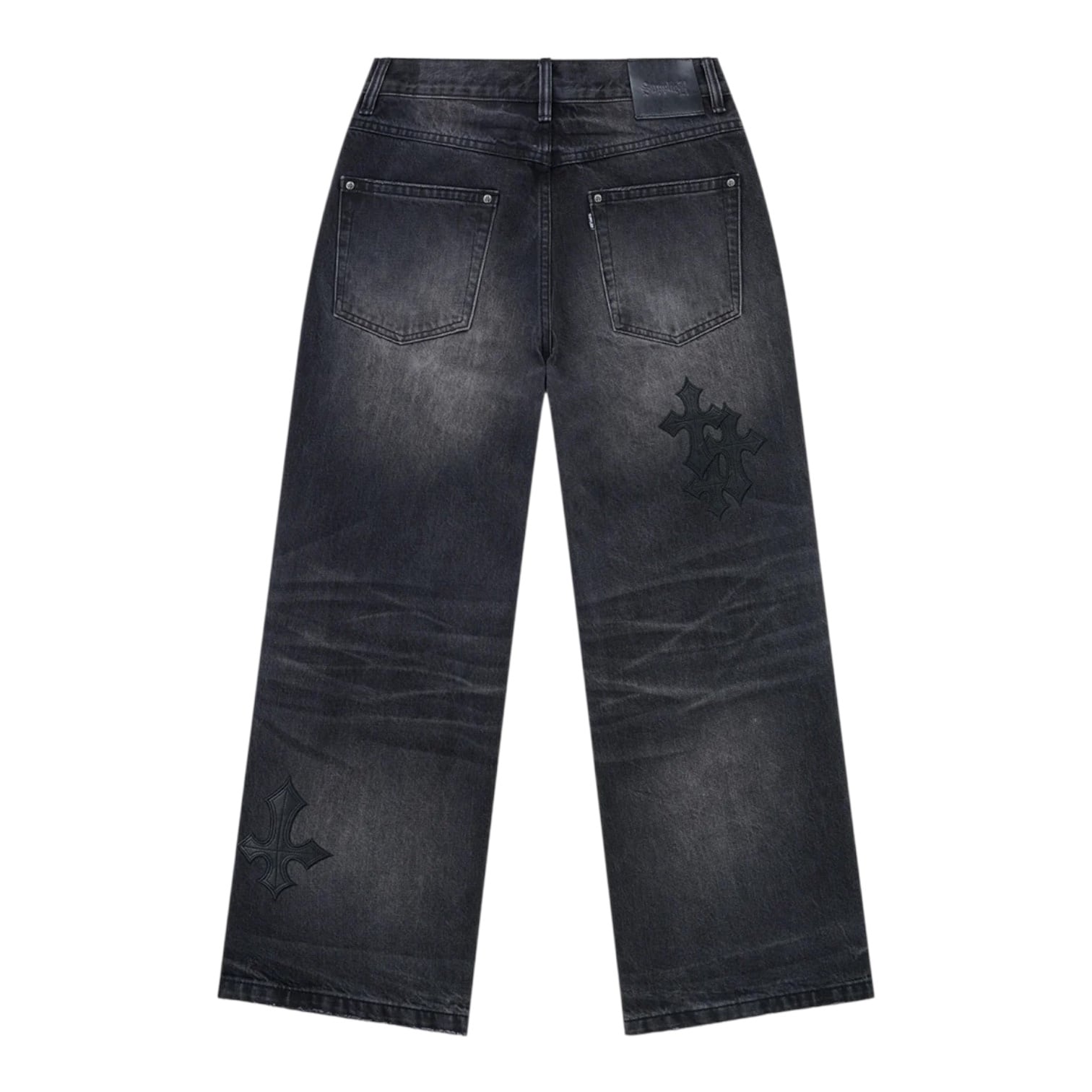 supplier】Multiple Cross Leather Patch Baggy Denim / Black