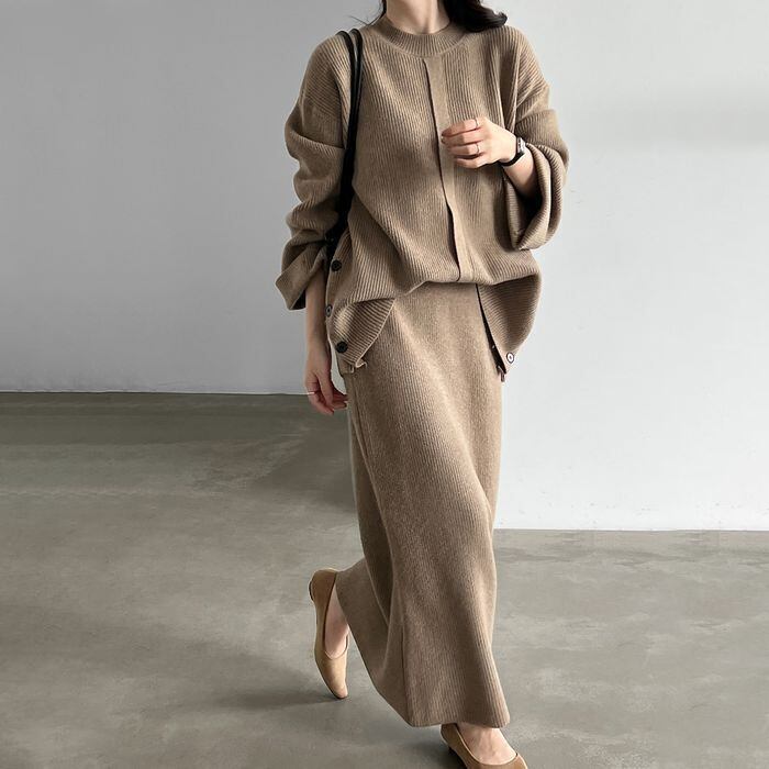 knit front design button cuffs top & long skirt set 14745