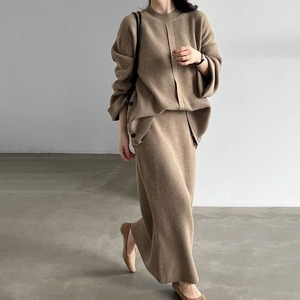 knit front design button cuffs top & long skirt set 14745