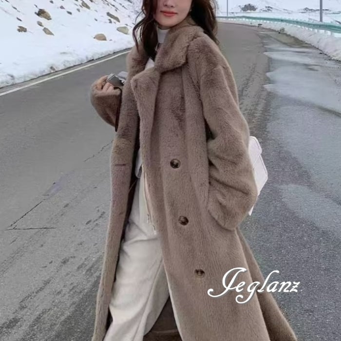 4色 ファー エコファ ロング コート 襟付き ダブルブレスト (MB481)φ