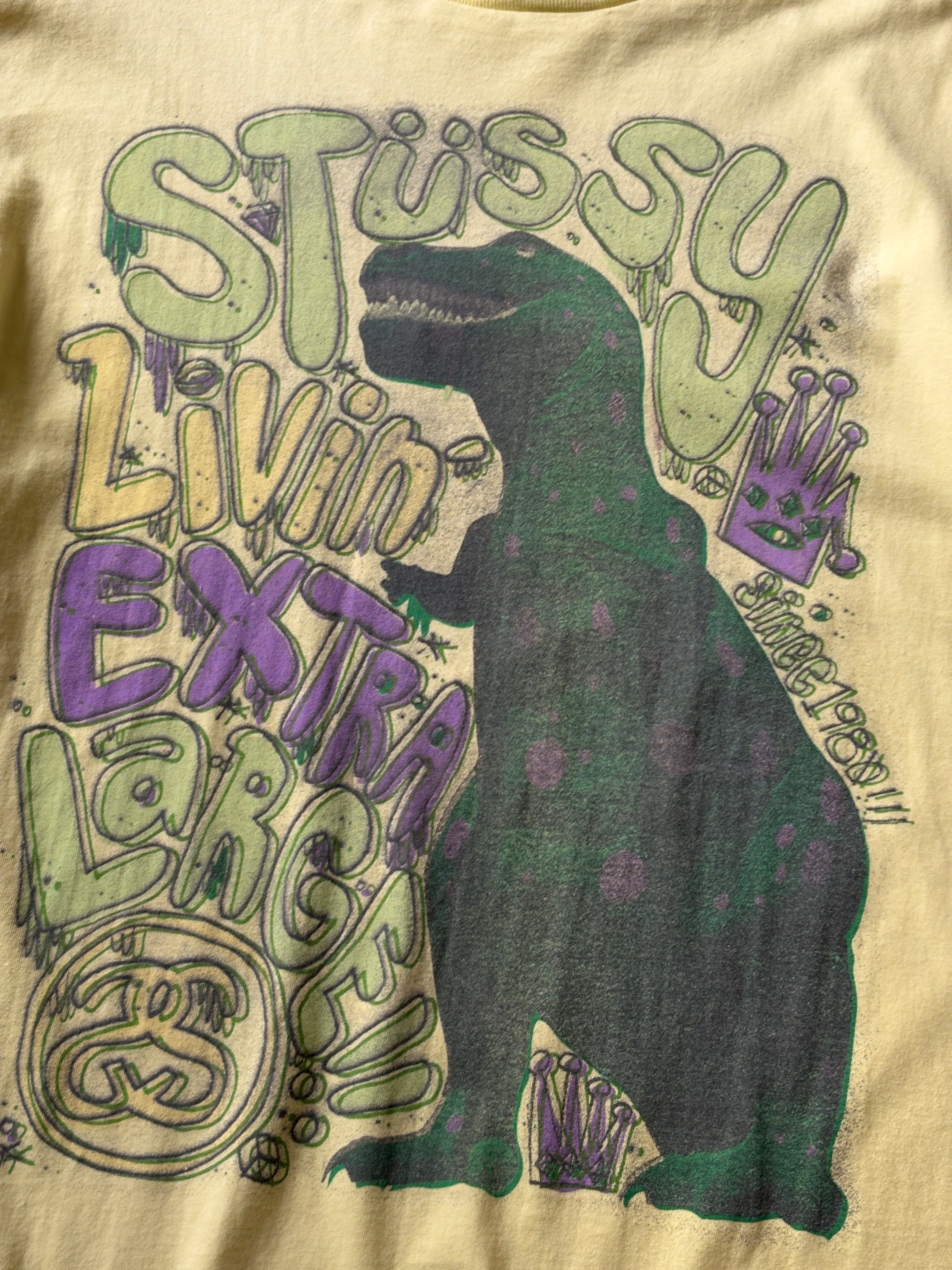 00～10s STUSSY/Dinosaur print Tee/XL/ダイナソ－プリントTシャツ