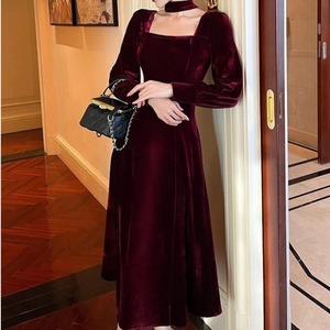 スクエアネックヴィンテージドレス［Red,Black］