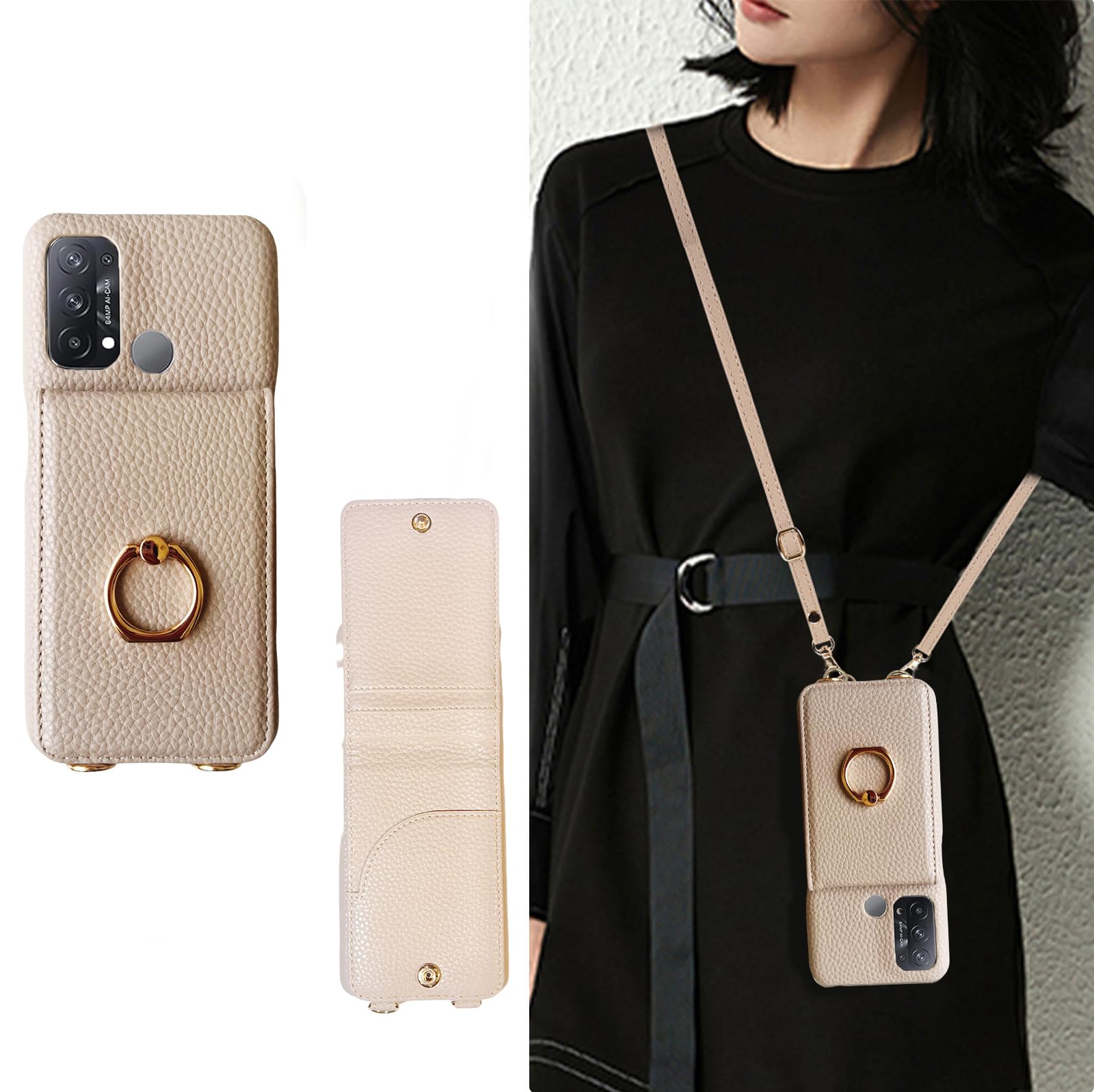 oppo reno5 a 用 ケース ショルダー 可愛い reno5aケースストラップ 薄型 かわいい おっぽスマホreno5aショルダー 携帯 背面手帳型 斜めかけ 肩掛け 首掛け 紐付き 韓国 軽量 オッポ レノ5a カード収納 ショルダーケース おしゃれ 2way 杏色