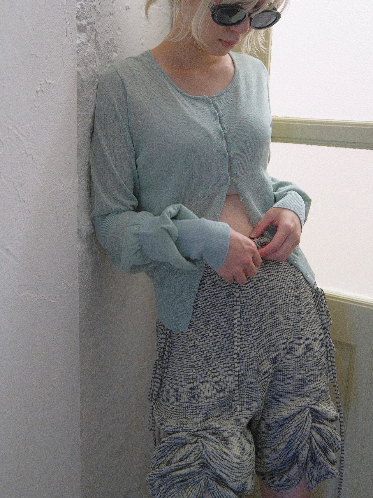 Panel Knit Sheer Cardigan / GREEN - 1