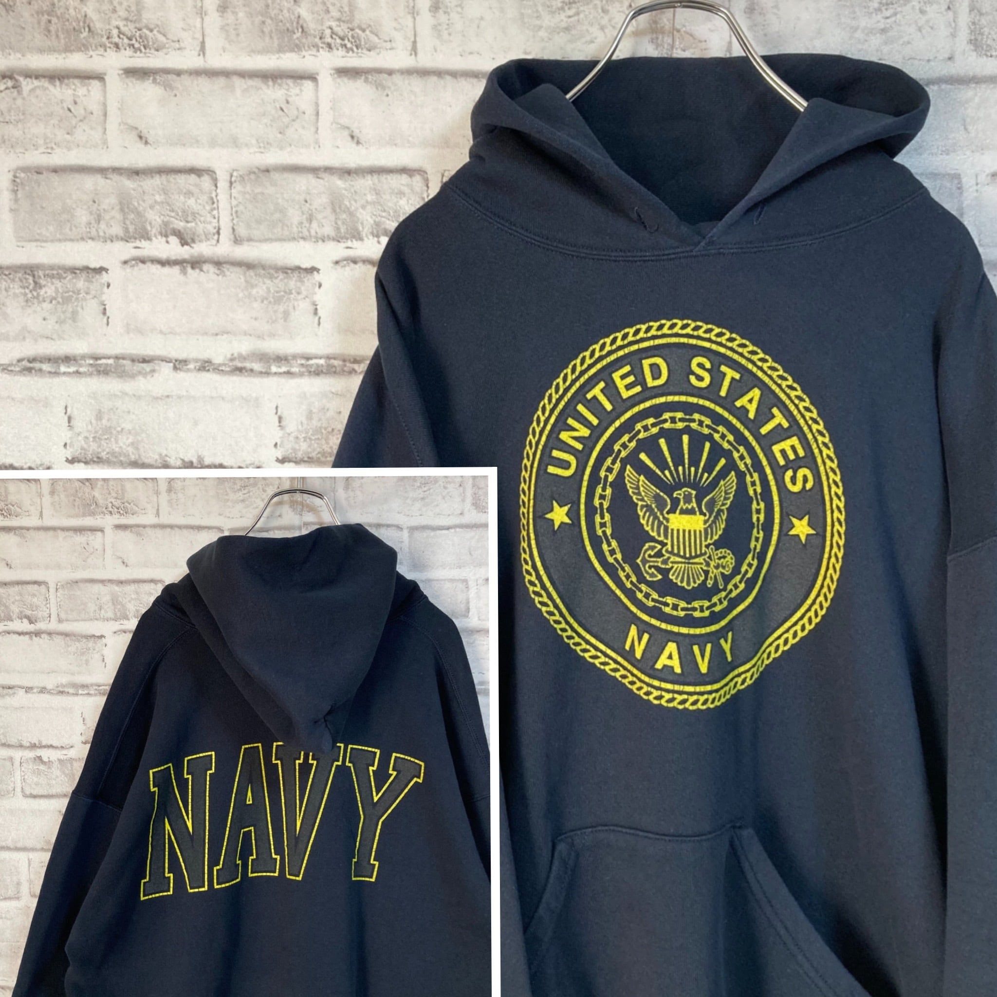 【SOFFE】Pullover Hoodie XL Made in USA 90s “US NAVY” プルオーバーパーカー アメリカ海軍 米軍  軍モノ フーディ センターロゴ バックロゴ アメリカ USA 古着