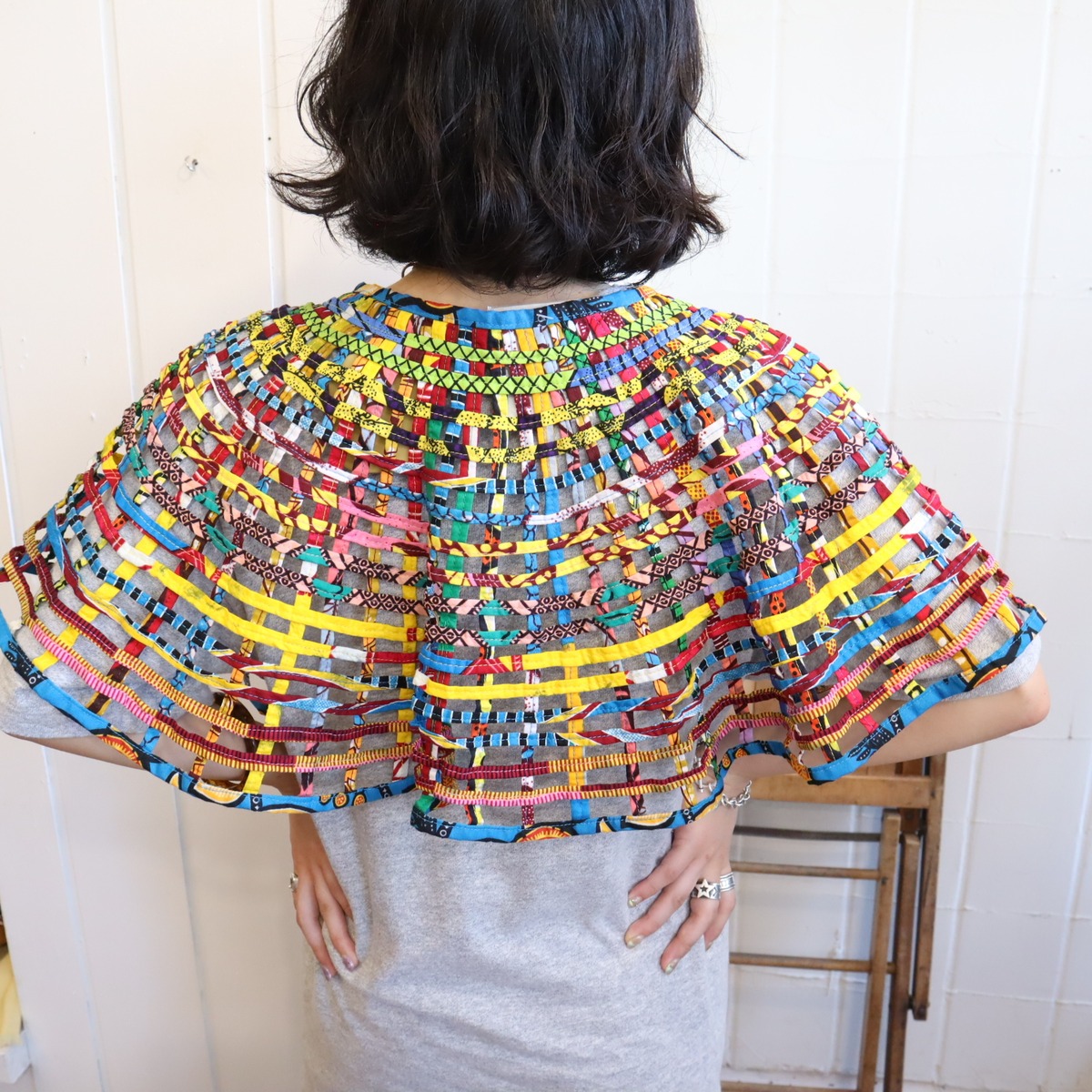 blue×colorful net design african batik collar [l-3657] | Fizzvintage