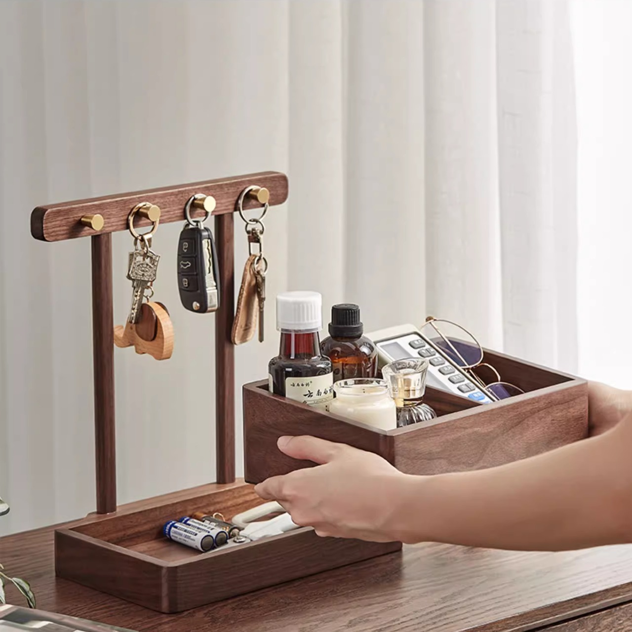 木のキートレイ キートレイ 木製 小物収納 多機能収納ラック 関装飾 鍵かけ 鍵 キャビネット ダブルトレイ 玄関 ドア 棚 デスクトップ収納 玄関装飾 北欧