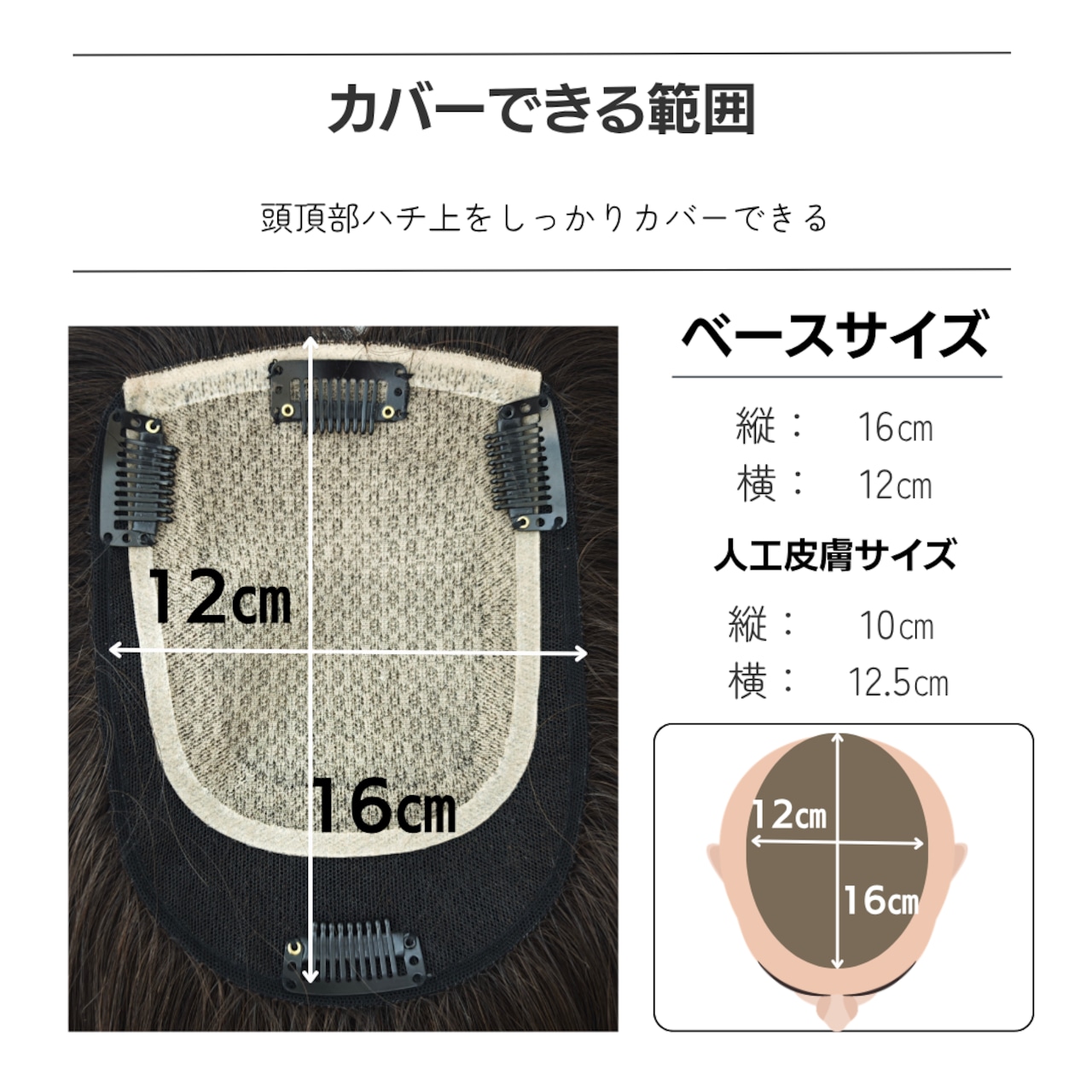 【医療用ウィッグ】 人毛100% 広範囲カバーウィッグ【毛量控えめタイプ】 ショート用 (大きめ12×16cm) |フル卒 部分ウィッグ 自然な薄毛・白髪隠し ヘアピース