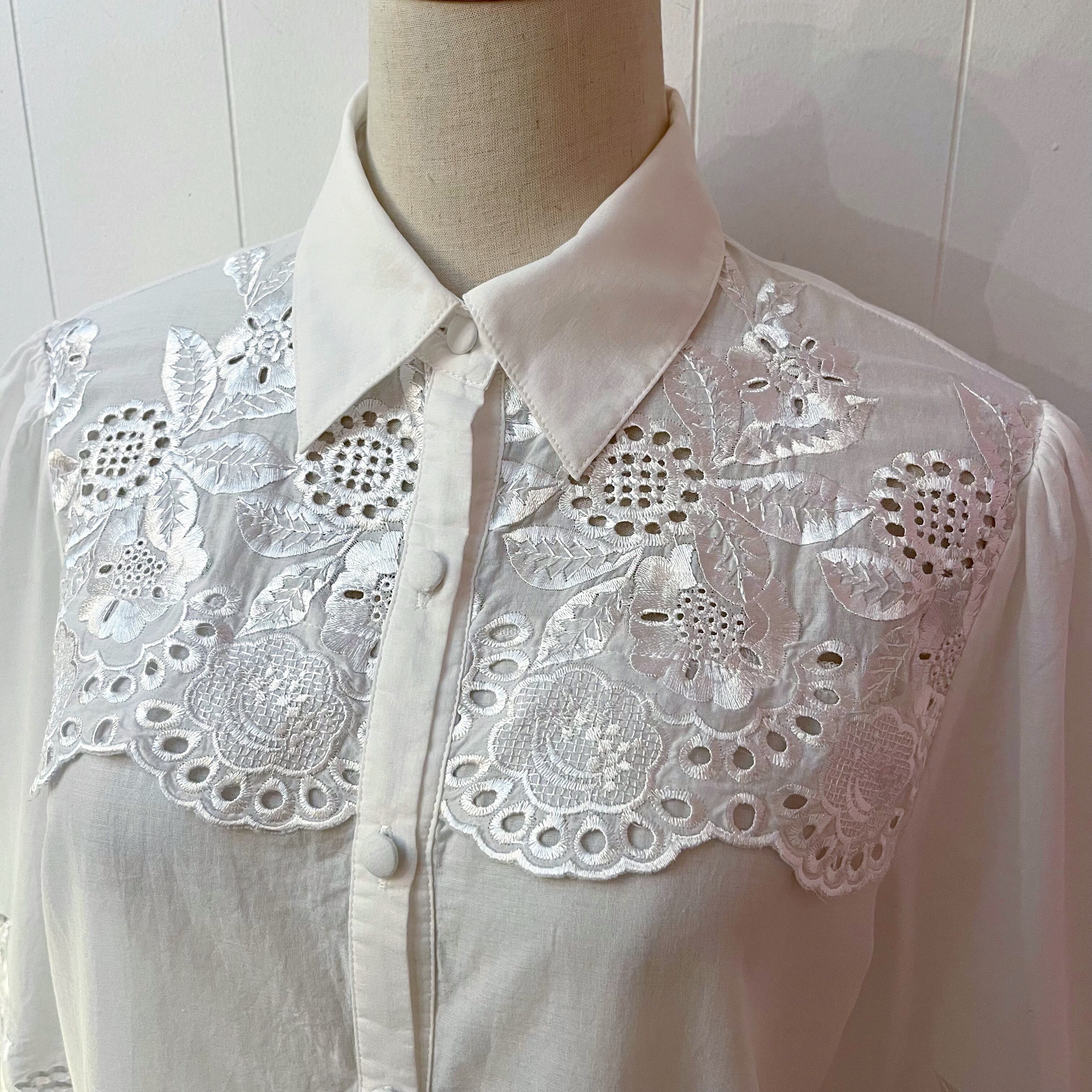 flower embroidery white blouse