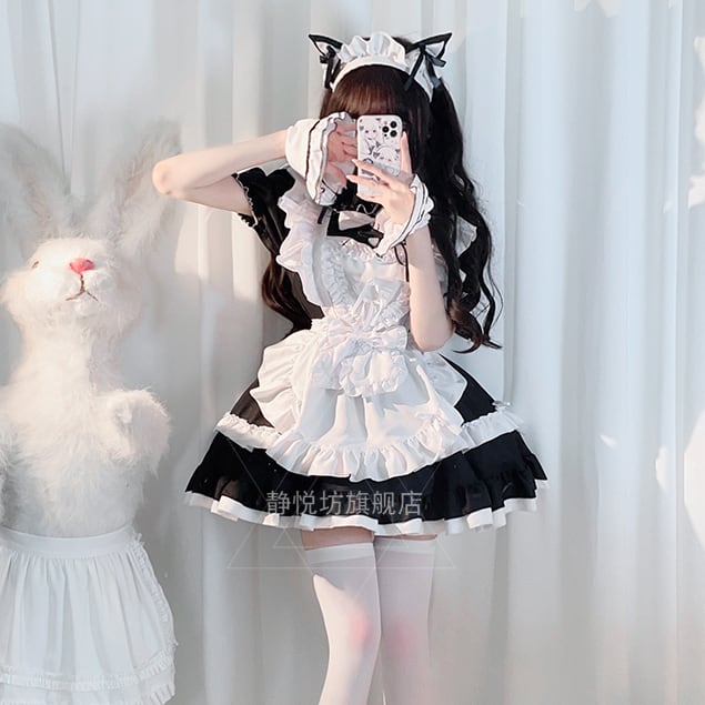 メイド服 4点セット ワンピ エプロン カチューシャ リボン チェック柄
