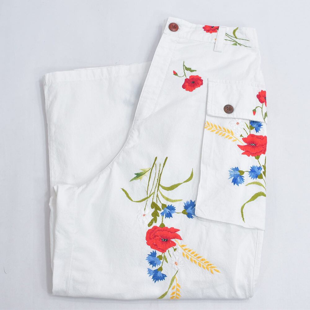 Remakeリメイク 再構築 パッチワーク&フラワー刺繍 デザイン ワイドシルエット コットン カーゴパンツ バギー ホワイト 古着 裏地付き レディースW71~84cm