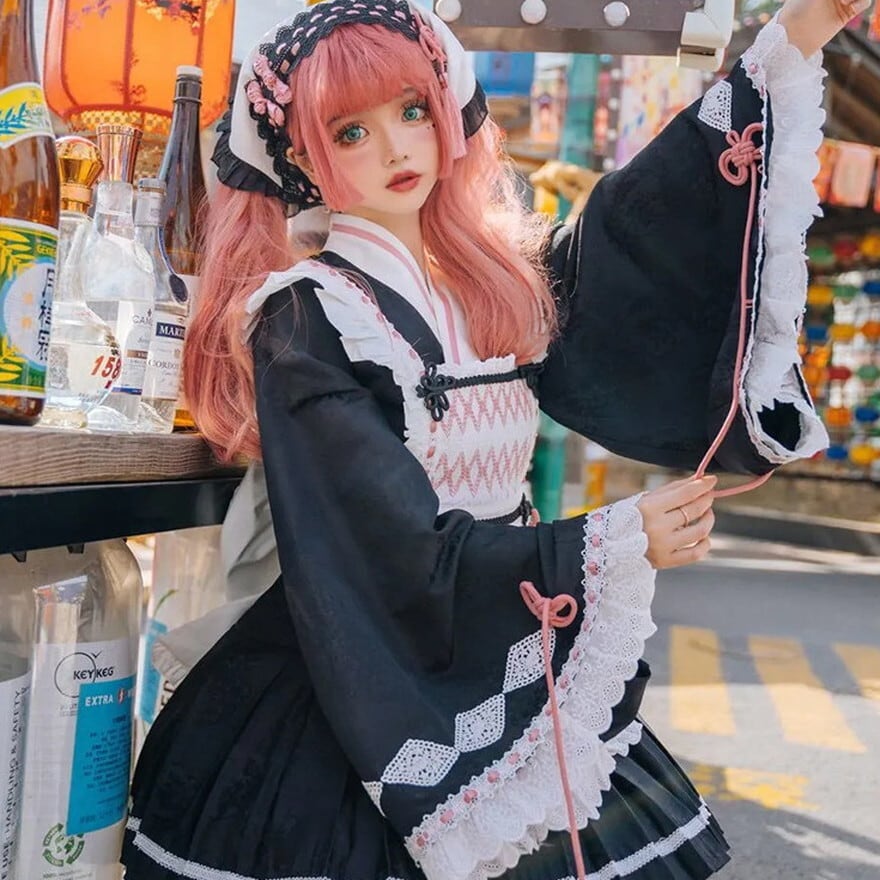 サブカル 服 地雷系 通販 華ロリ チャイナドレス メイド服 コスプレ 和装 上下セット エプロン リボン フリル ガーリー かわいい イベント