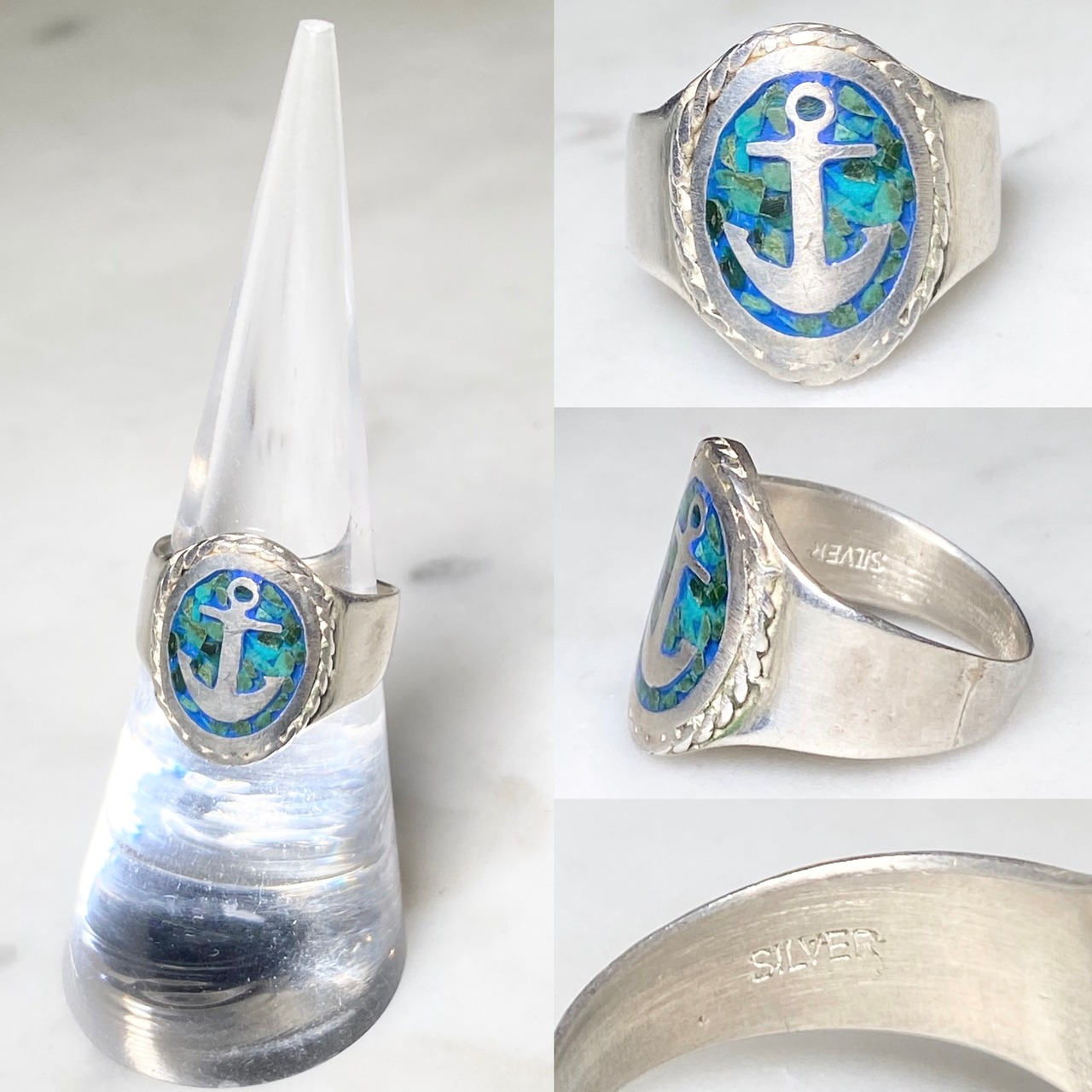 vintage silver tip inlay ring "anchor" (size10, 4.03g)
