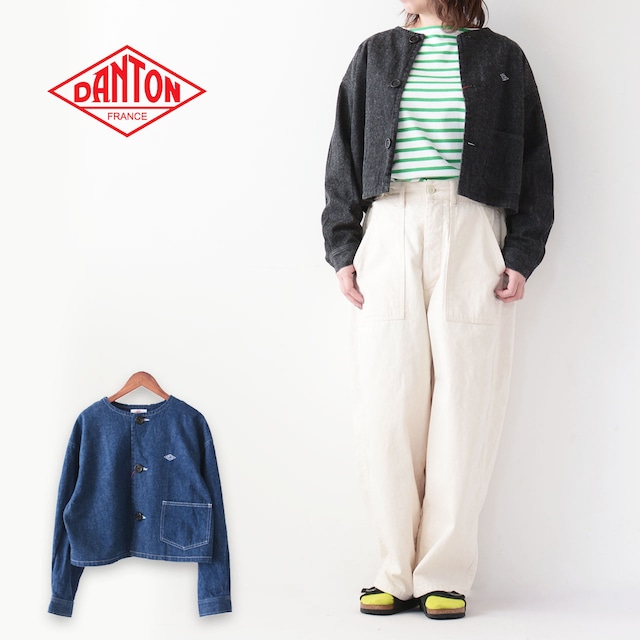 DANTON [ダントン] W DENIM COLLARLESS SHORT JACKET [DT-A0480KDM] デニムカラーレスショートジャケット・デニムジャケット・ノーカラージャケット・ショートジャケット・LADY'S [2024SS]