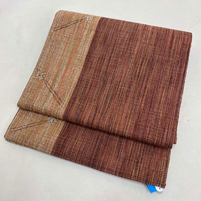 名古屋帯 長尺 なごや帯 八寸 紬地 帯 中古 リサイクル ブラウン 全体柄 普段着 紬 小紋 正絹 ハンドメイド 3040